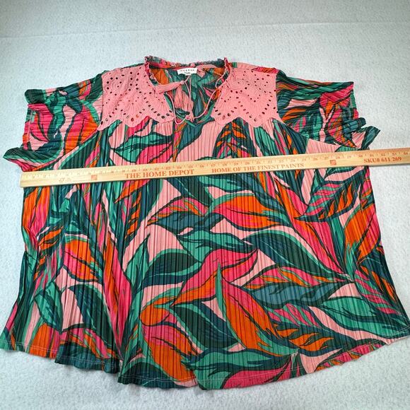 Rio & Rian New York 2X Colorful Tropical Leaf Print Pink Eyelet Trim Bohemian - Picture 3 of 8